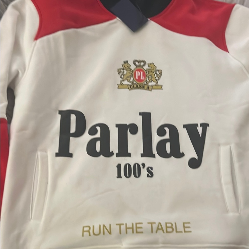 Red and White Parlay Sweatshirt with Bold Text